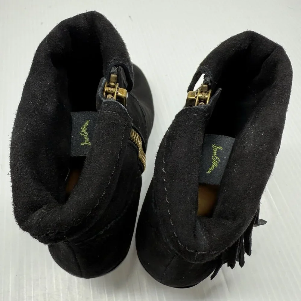 Sam Edelman Louie Black Suede Fringe Ankle Booties Block Heel Womens 6M